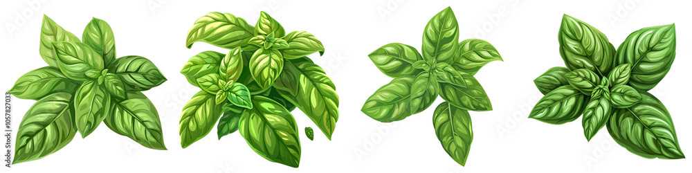 Fresh Green Basil Leaves Illustration Set Isolated on White Background, basil leaves, vector illustration, green leaves, herb Fresh Green Basil Leaves Illustration Set Isolated on White Background, basil leaves, vector illustration, green leaves, herb