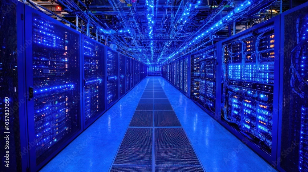 A long hallway in a data center with rows of servers on each side. A long hallway in a data center with rows of servers on each side.