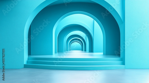 A Vibrant Blue Hallway With Arches and Smooth Steps Leading Into a Serene Minimalist Space Bathed in Natural Light