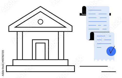 Bank building next to a long payment receipt. Ideal for finance, banking, transactions, payments, and receipts. Minimalist style with simple lines and shapes, focused on financial themes