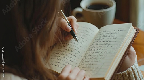 A Person Writes in a Journal With a Pen While Enjoying a Cup of Coffee in a Cozy Indoor Space During the Morning Hours