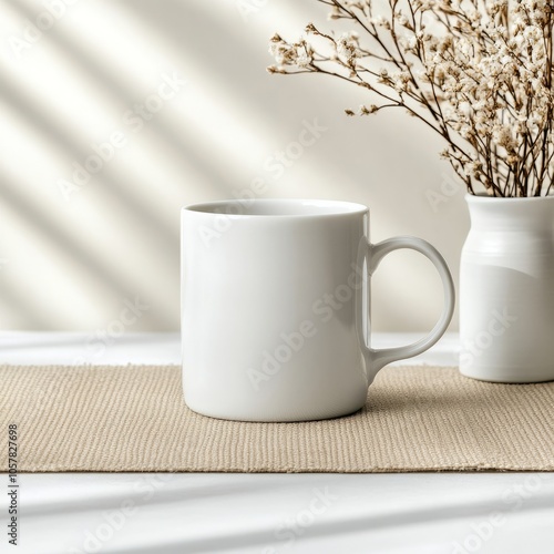 A minimalist scene featuring a white mug and dried flowers in a vase.