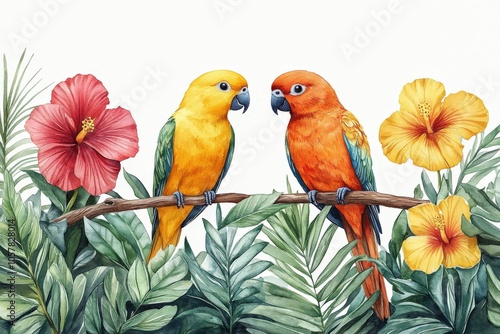 Two colorful parrots perched on a branch surrounded by tropical flowers and lush foliage.