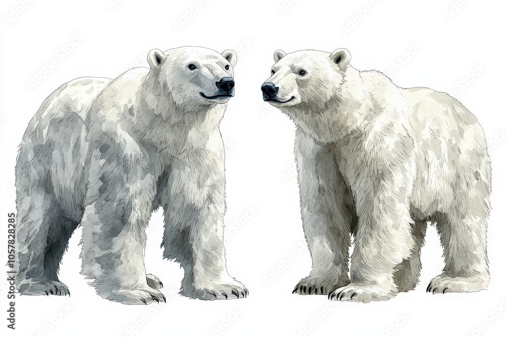 Fototapeta premium Two illustrated polar bears facing each other, showcasing their distinctive features.
