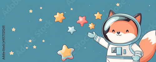 1 Chibi fox astronaut with a shiny space helmet, reaching out to grab candyshaped stars floating nearby photo