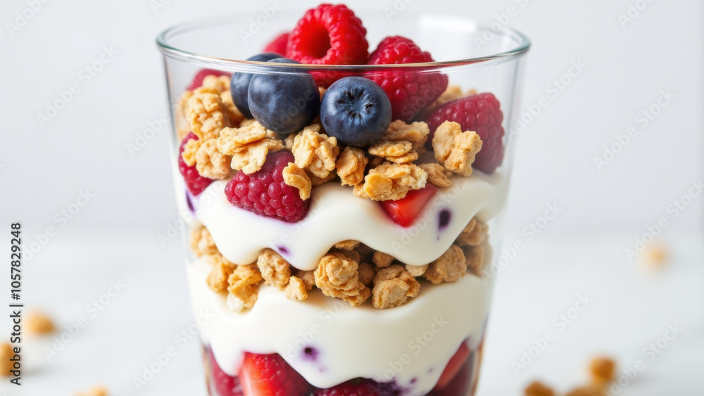 Delicious and colorful parfait with granola, strawberries, and blueberries. Delicious and colorful parfait with granola, strawberries, and blueberries.