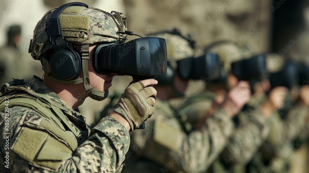 Fototapeta premium Military technology demonstrations where soldiers use advanced virtual reality systems to simulate combat situations for training.