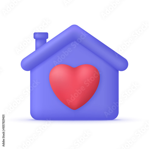 3D House icon with heart isolated on white background. Stay at home. Love symbol.