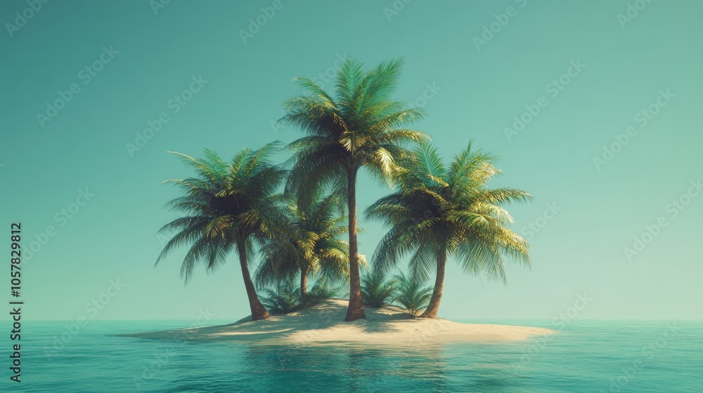 A small, tropical island with five palm trees on a sandy beach in a blue, clear sky and ocean. A small, tropical island with five palm trees on a sandy beach in a blue, clear sky and ocean.