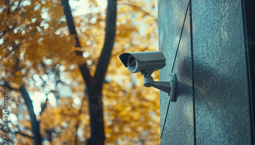 A photograph of an outdoor security camera mounted on the side wall of a building