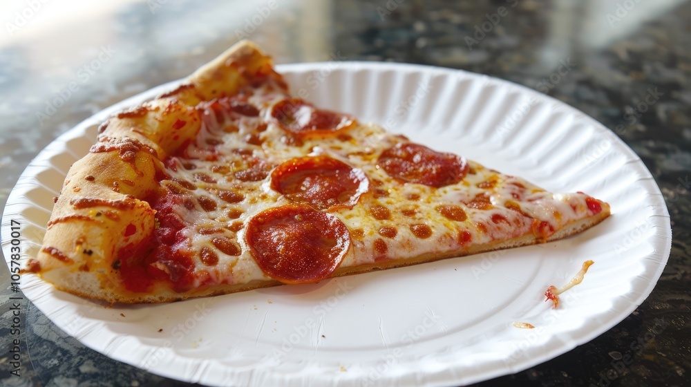 Plain pizza slice on paper plate Plain pizza slice on paper plate