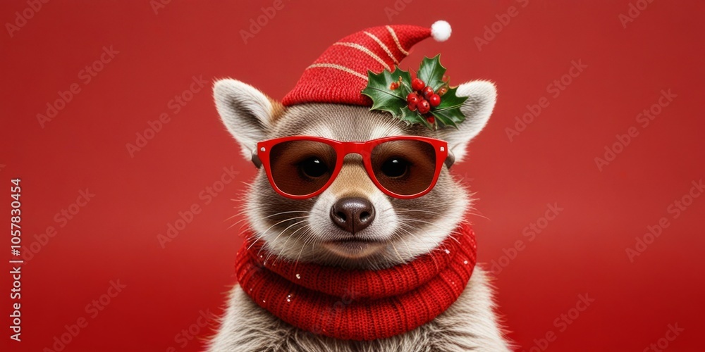 A festive raccoon wearing sunglasses and a cozy scarf, adorned with a Christmas hat and holly, set against a vibrant red background A festive raccoon wearing sunglasses and a cozy scarf, adorned with a Christmas hat and holly, set against a vibrant red background