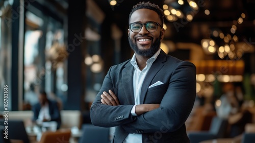 Confident business professional with glasses smiling in a modern office environment with blurred background