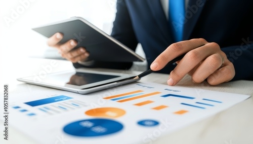 A credit analyst reviewing a client's financial history on a digital tablet, surrounded by charts and graphs showing credit scores and loan risk analysis.