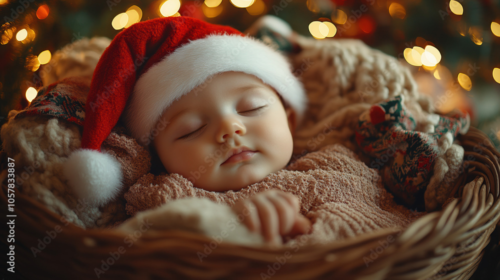 A charming image of a baby wearing a Christmas hat, embodying the joy and warmth of the holiday season. A charming image of a baby wearing a Christmas hat, embodying the joy and warmth of the holiday season.