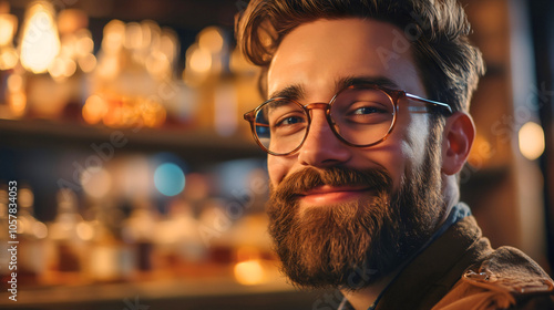 A hipster man with a beard and a traditional hipster appearance stands at the bar, waiting for his drink, wearing recognizable hipster glasses. photo