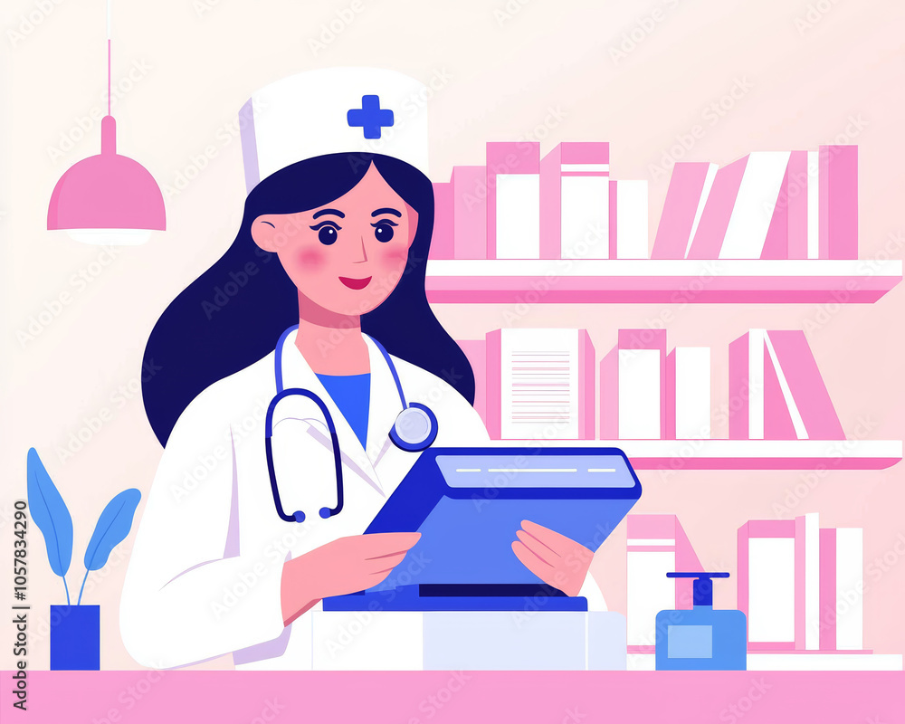 A medical assistant taking a patient's blood pressure using a sphygmomanometer, standing beside an examination table in a brightly lit exam room. A medical assistant taking a patient's blood pressure using a sphygmomanometer, standing beside an examination table in a brightly lit exam room.