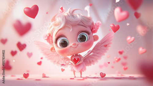 Cute cartoon Cupid with a quiver of heart-tipped arrows photo