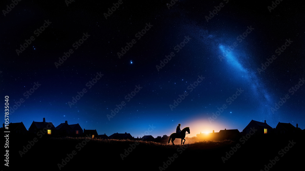 Fototapeta premium Rider in Silhouette Against Starry Night Sky with Milky Way and Village Houses.figure of St. Nicholas deliver gifts during the night