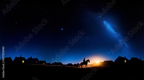 Rider in Silhouette Against Starry Night Sky with Milky Way and Village Houses.figure of St. Nicholas deliver gifts during the night