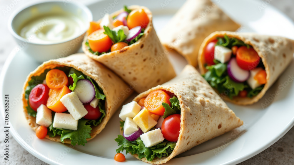 A plate of vegetable wraps with dipping sauce. A plate of vegetable wraps with dipping sauce.