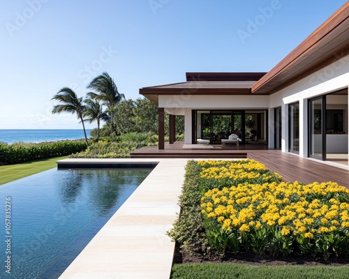 A modern home with a swimming pool and a lush garden overlooking the ocean.