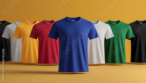 A variety of colorful t-shirts are displayed on the table in different colors and sizes.