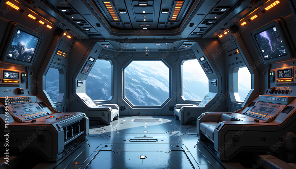 Space station interior featuring smooth metallic walls, glowing control panels, and large windows overlooking the cosmos Space station interior featuring smooth metallic walls, glowing control panels, and large windows overlooking the cosmos