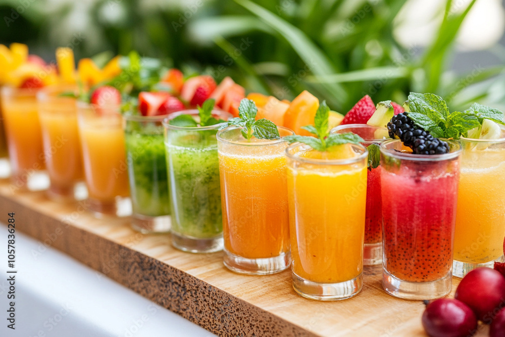 Fototapeta premium A wooden board with several glasses of colorful juice arranged in rows, each glass filled to the brim
