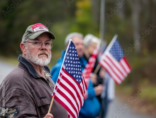 oter casting ballot in U.S. presidential election with American flag in background. photo