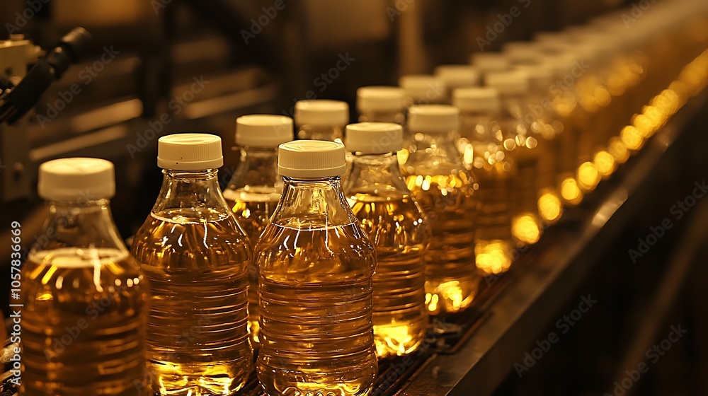 Bottles of cooking oil on a production line, representing mass production. Bottles of cooking oil on a production line, representing mass production.