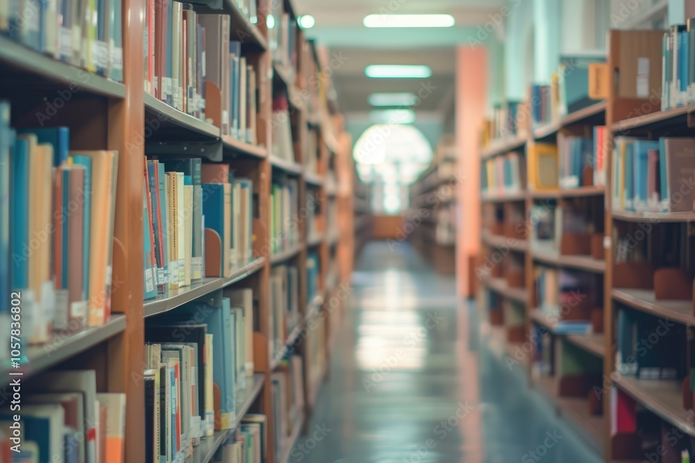 Blurred college library interior with bookshelves for educational concepts. Blurred college library interior with bookshelves for educational concepts.