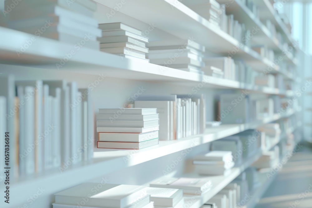 Naklejka premium Blurred white bookshelves with books in library. Education concept.