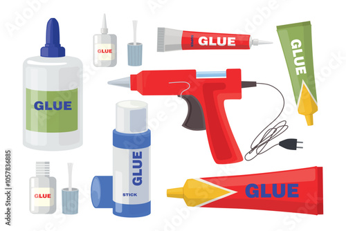 Set of glue,super glue in cartoon style. Vector illustration: liquid, in a stack, with a brush, tube, hot glue gun isolated on a white background. Glue for gluing different materials.