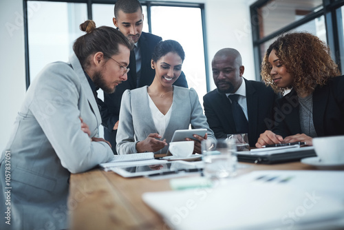 Tablet, online and business people in office for meeting, website review and client feedback. Corporate, professional and workers on digital tech for internet, research project and collaboration