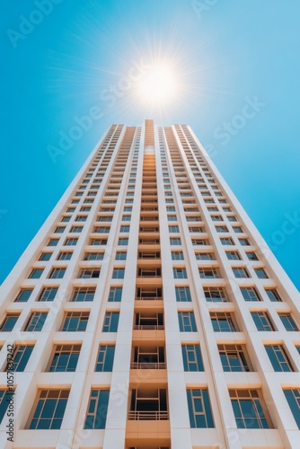 A modern skyscraper reaches for the sun on a clear blue sky day.