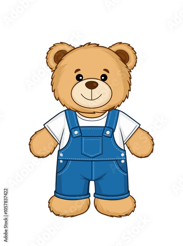 A cartoon teddy bear wearing blue overalls and a white shirt. The bear has a happy expression on its face. Vector colorful illustration isolated on transparent background