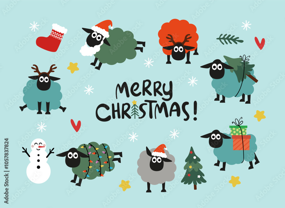 Naklejka premium Christmas sheep collection. Adorable sheep with Christmas elements.
