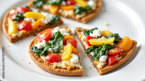 Veggie-topped pizza slices with a variety of colorful toppings on a white plate.