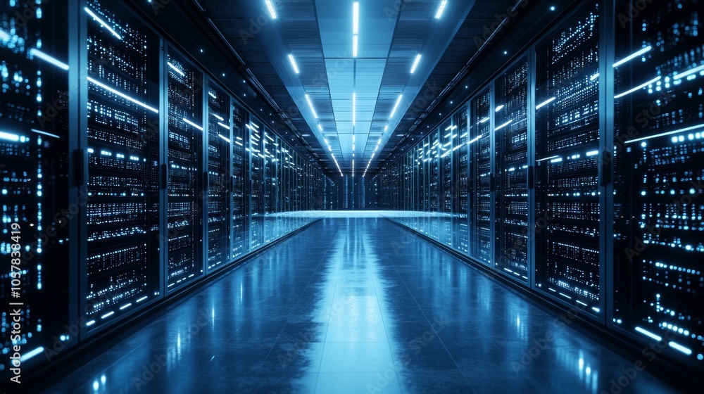 A long hallway in a data center contains many servers A long hallway in a data center contains many servers