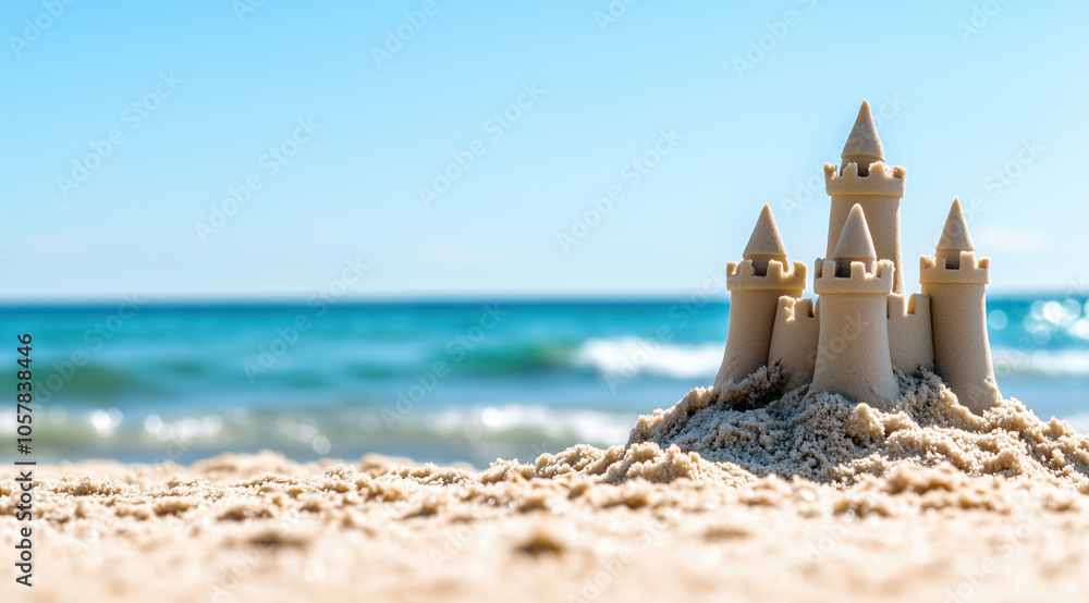 Sand castle on ocean beach, closeup with space for text. Light back Sand castle on ocean beach, closeup with space for text. Light back