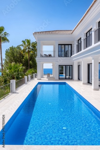 A modern white villa with a swimming pool overlooking the ocean.