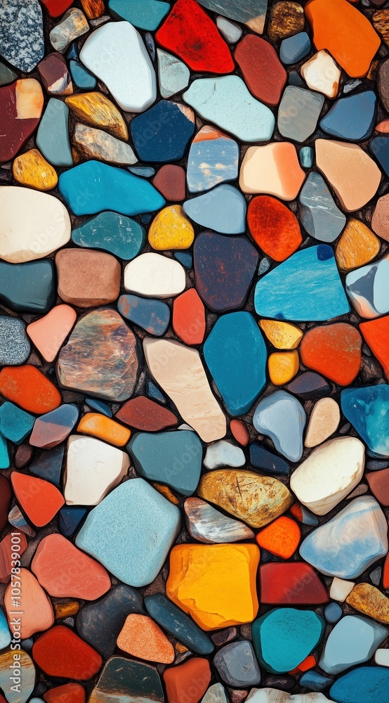 Colorful smooth pebbles tightly packed, creating a vibrant mosaic pattern. Multicolored background. Colorful smooth pebbles tightly packed, creating a vibrant mosaic pattern. Multicolored background.