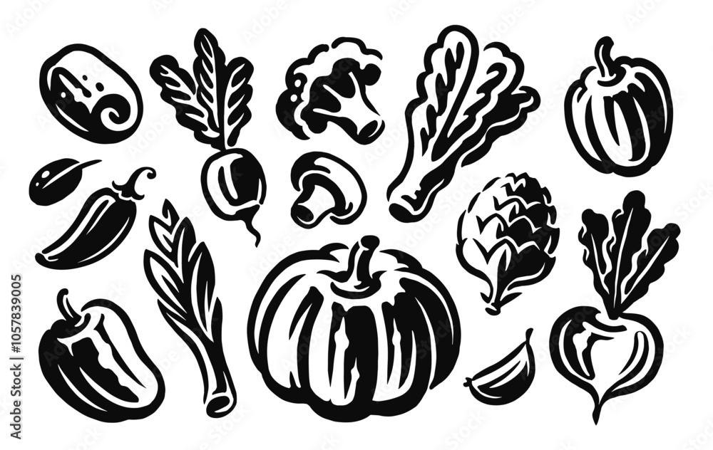 Farm vegetables set, vector illustration. Organic healthy vegan food concept, black and white drawing Farm vegetables set, vector illustration. Organic healthy vegan food concept, black and white drawing