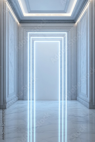 A modern, illuminated hallway with a glowing door frame.