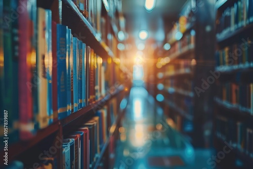 Blurred background of school library with books on shelves. photo