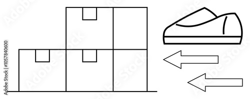 Packing boxes in a stack with a shoe and two arrows pointing left and right, indicating movement. Ideal for logistics, inventory, e-commerce, shipment, storage, footwear industry, retail. Line