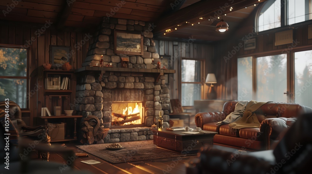 Warm and Inviting Log Cabin Interior with Firewood and Comfortable Seating - Made with Generative AI Warm and Inviting Log Cabin Interior with Firewood and Comfortable Seating - Made with Generative AI