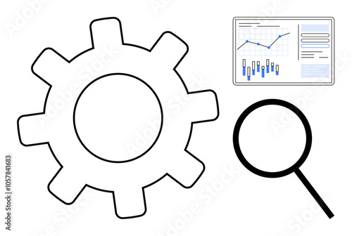 Gear symbol, magnifying glass, and data chart screen illustrating technical optimization, analysis, and improvement. Ideal for engineering, data science, technology, research, business efficiency
