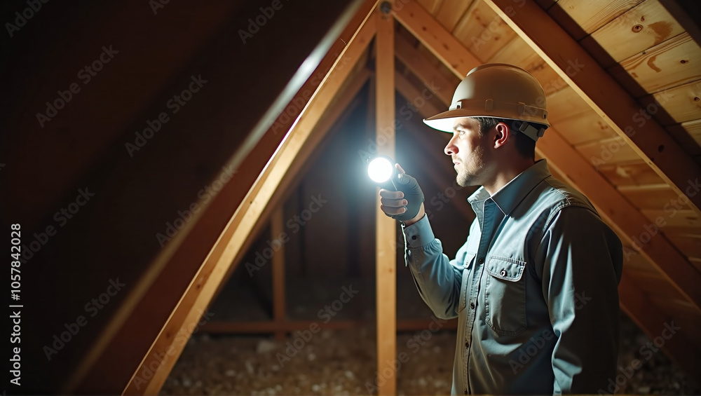 Exterminator searches for pest infestation in the dark roof truss in the house, removal of pests for health and economic reasons Exterminator searches for pest infestation in the dark roof truss in the house, removal of pests for health and economic reasons